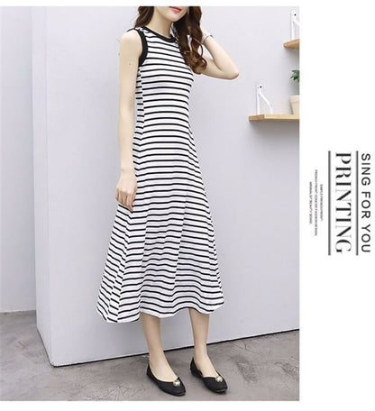 Tank Striped Neck Midi Crew A-Line Dress
