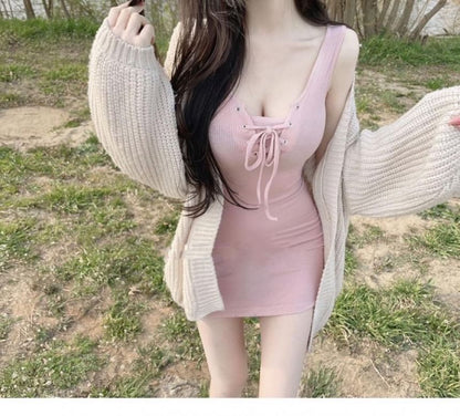 Sleeveless Bodycon Dress Lace-Up Plain Mini