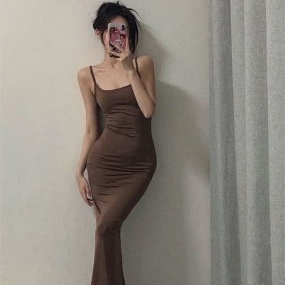Plain Neck Midi Spaghetti Dress Strap Bodycon Scoop