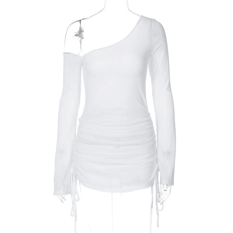 Plain Long-Sleeve One-Shoulder Drawstring Tee Sheer