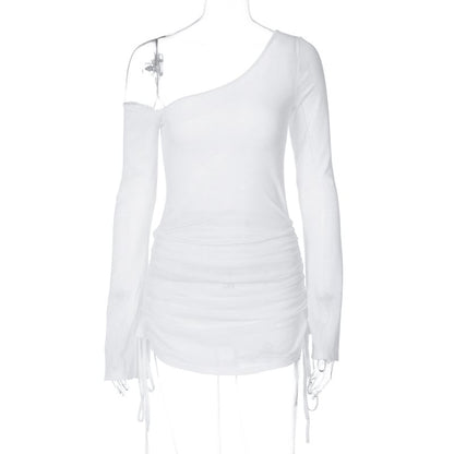 Plain Long-Sleeve One-Shoulder Drawstring Tee Sheer