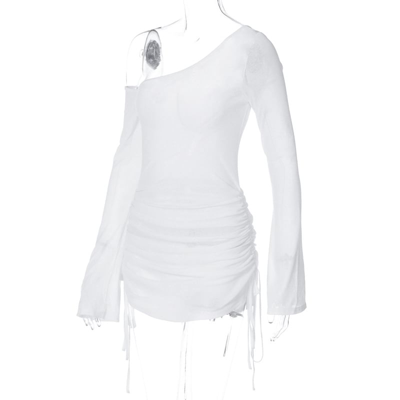 Plain Long-Sleeve One-Shoulder Drawstring Tee Sheer