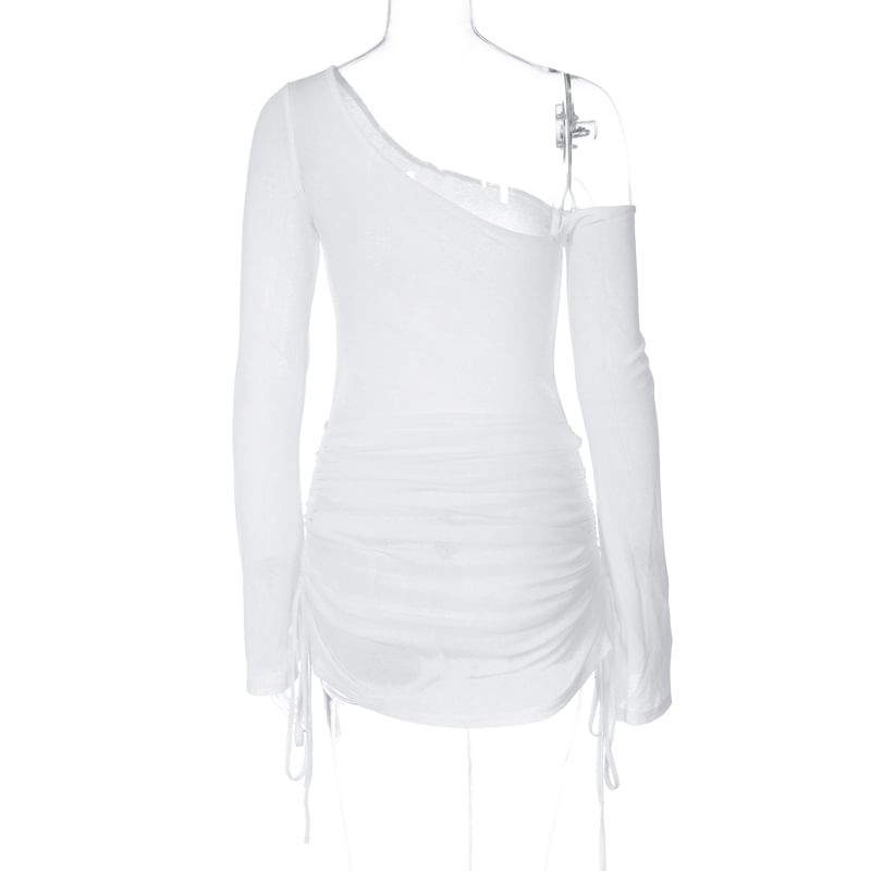 Plain Long-Sleeve One-Shoulder Drawstring Tee Sheer