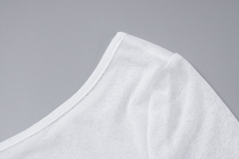 Plain Long-Sleeve One-Shoulder Drawstring Tee Sheer