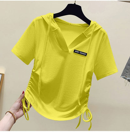 V-Neck Drawstring Short-Sleeve Tee Lettering