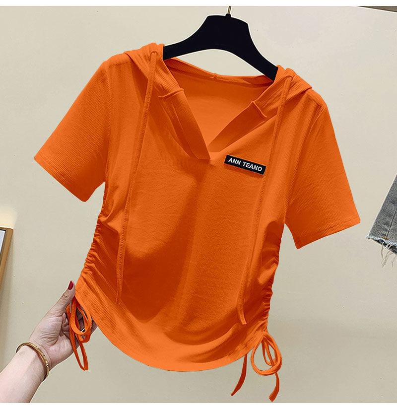 V-Neck Drawstring Short-Sleeve Tee Lettering