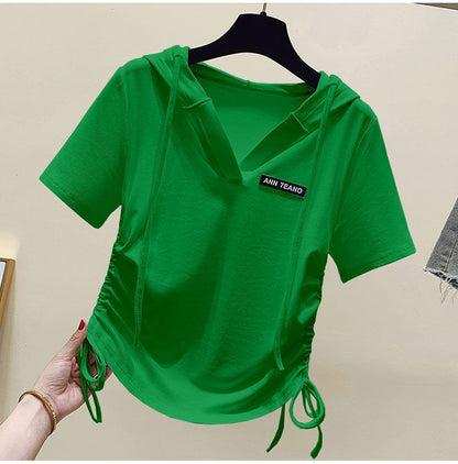 V-Neck Drawstring Short-Sleeve Tee Lettering