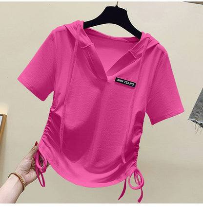 V-Neck Drawstring Short-Sleeve Tee Lettering