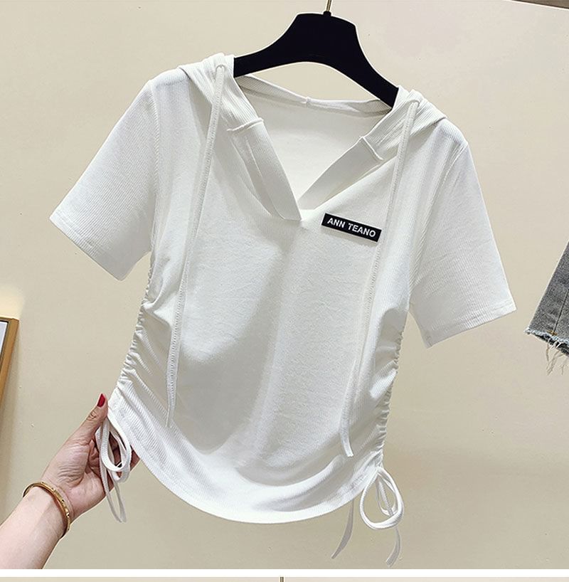 V-Neck Drawstring Short-Sleeve Tee Lettering