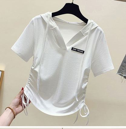 V-Neck Drawstring Short-Sleeve Tee Lettering