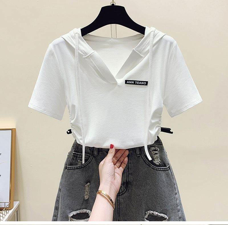 V-Neck Drawstring Short-Sleeve Tee Lettering