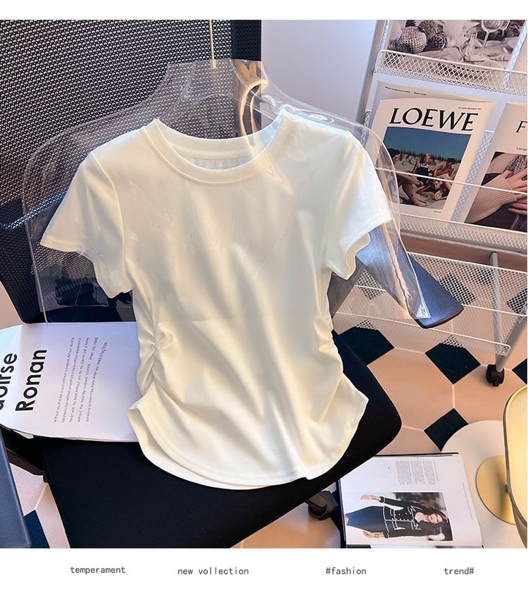 Neck Tee Ruched Plain Short-Sleeve Round