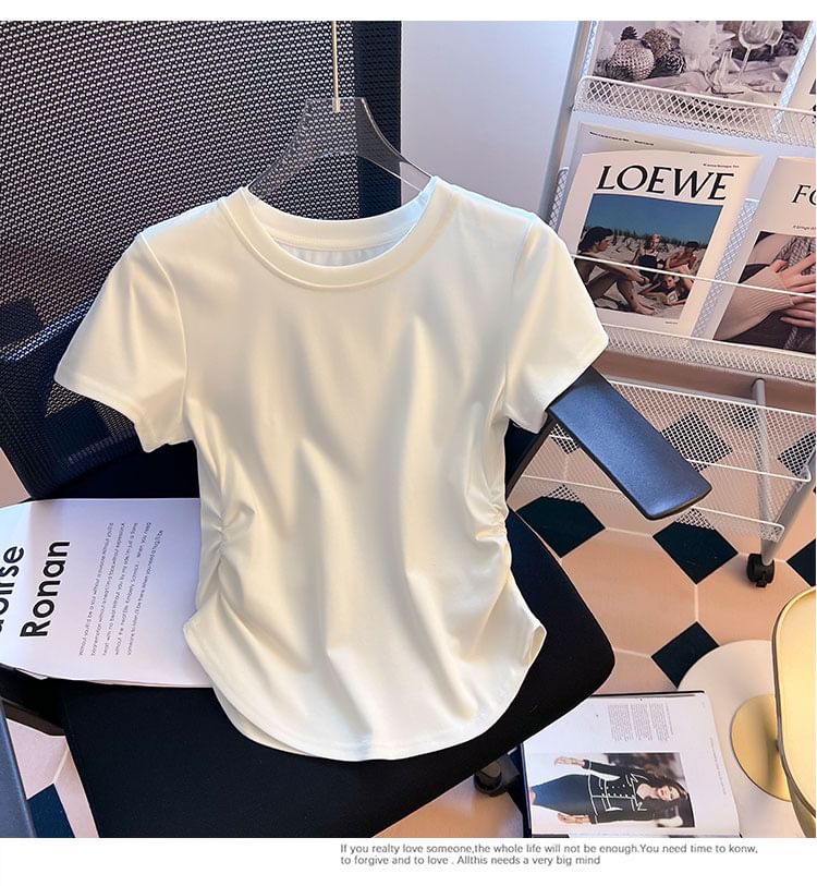 Neck Tee Ruched Plain Short-Sleeve Round