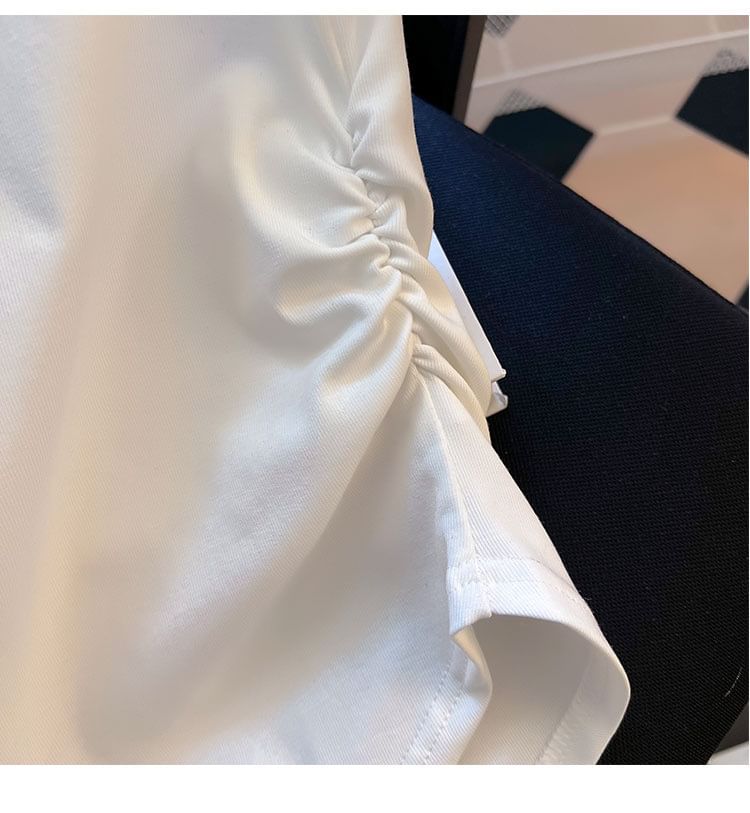 Neck Tee Ruched Plain Short-Sleeve Round