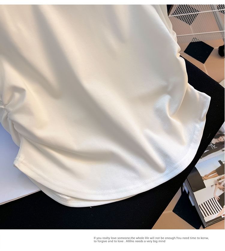 Neck Tee Ruched Plain Short-Sleeve Round