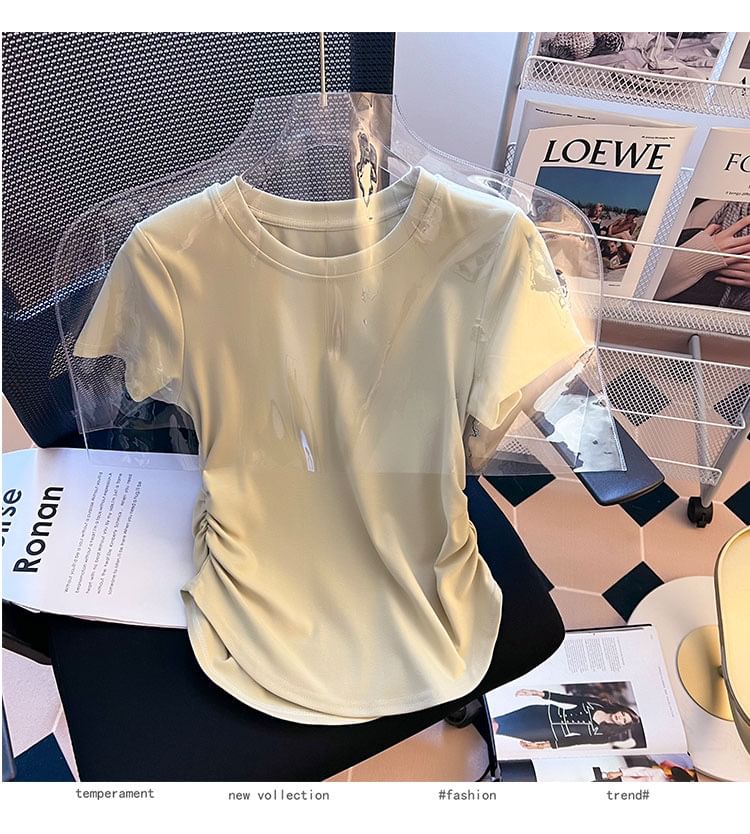Neck Tee Ruched Plain Short-Sleeve Round