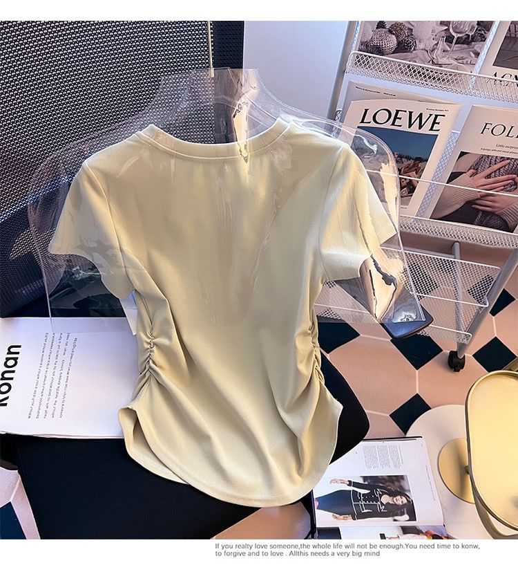 Neck Tee Ruched Plain Short-Sleeve Round