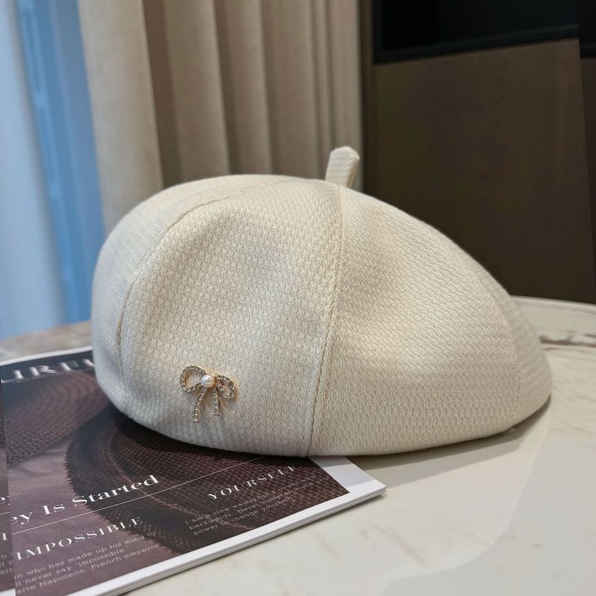 Bow Beret Rhinestone Faux Pearl