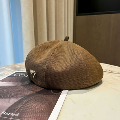 Bow Beret Rhinestone Faux Pearl