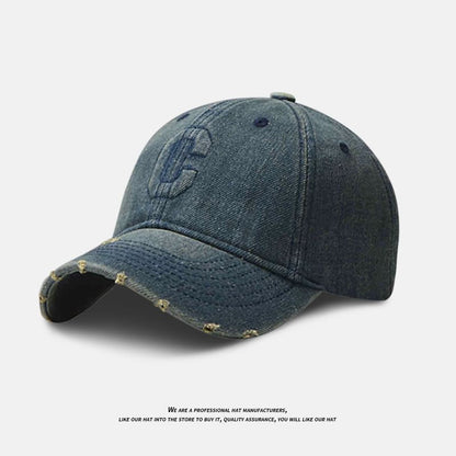 Distressed Denim Embroidered Cap Washed Baseball Lettering