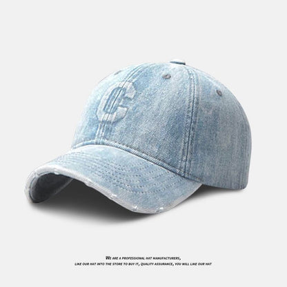 Distressed Denim Embroidered Cap Washed Baseball Lettering