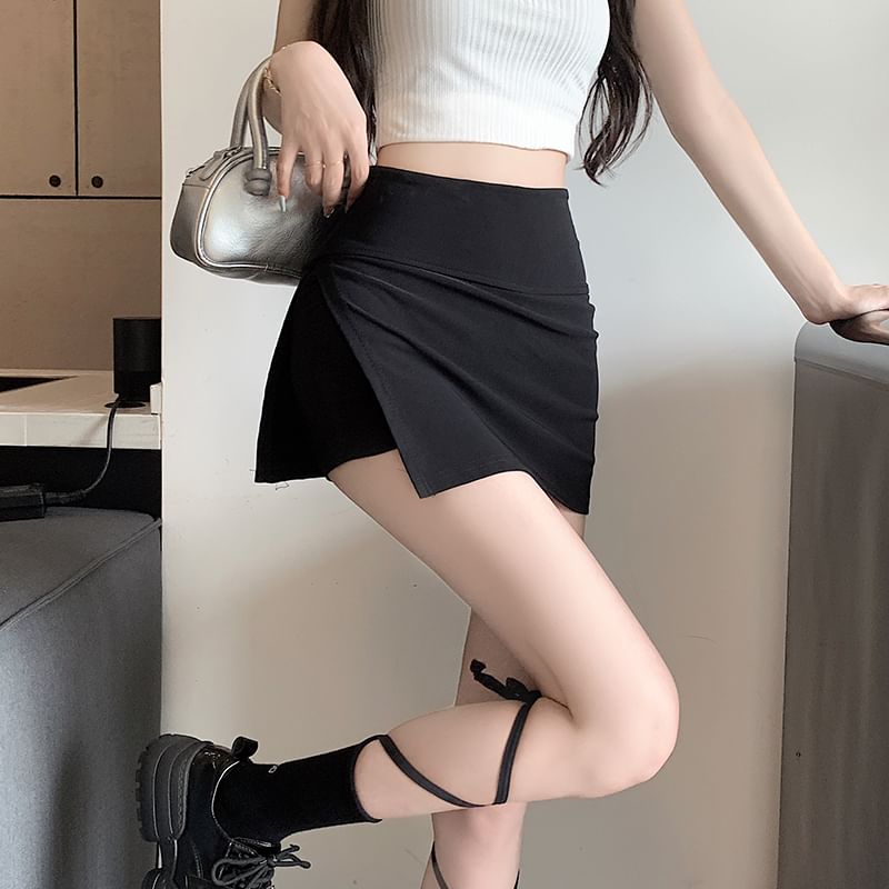 Waist Slit High Mini Skort Plain