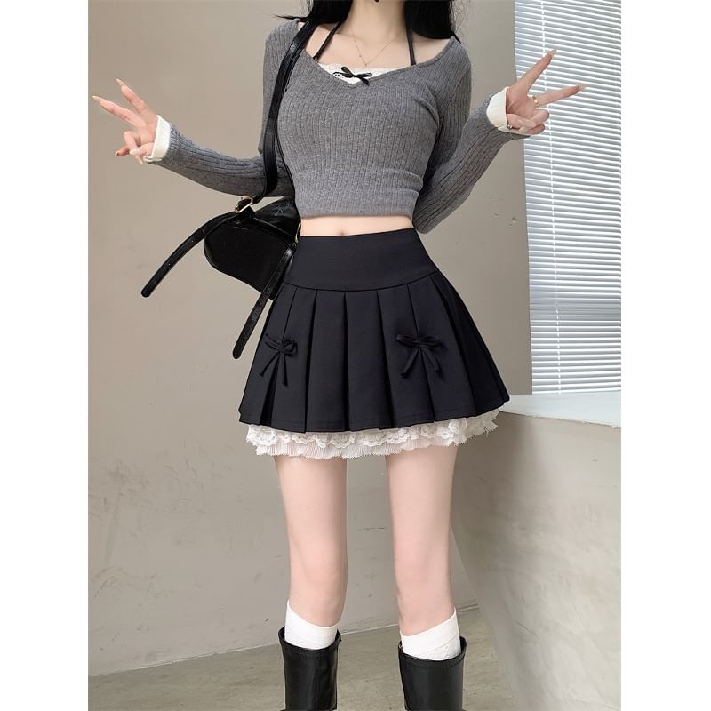 A-Line Lace Bow Skirt Panel High Mini Waist Pleated