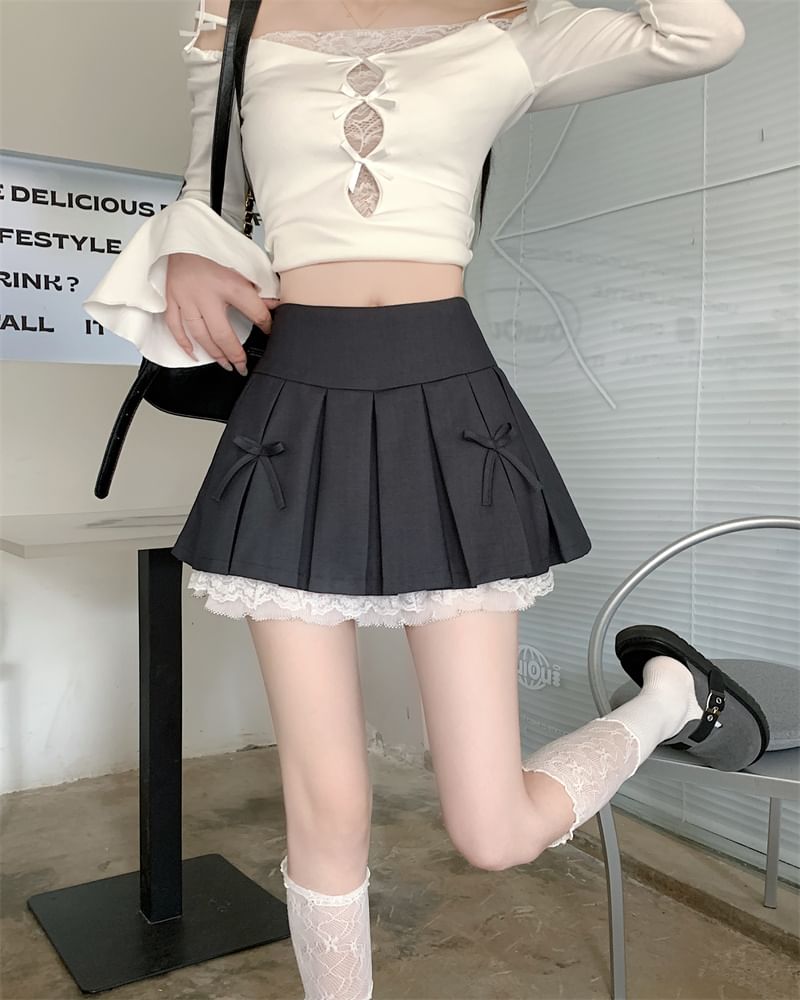A-Line Lace Bow Skirt Panel High Mini Waist Pleated