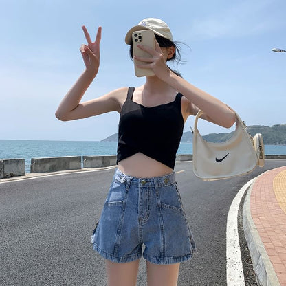 Waist Washed Denim Slit Shorts High Zip Lettering Print