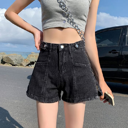Waist Washed Denim Slit Shorts High Zip Lettering Print