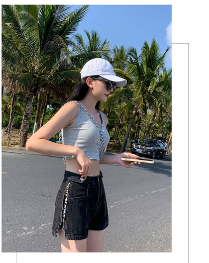 Waist Washed Denim Slit Shorts High Zip Lettering Print