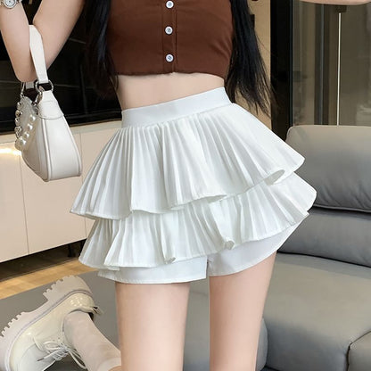 A-Line High Waist Accordion Plain Pleated Ruffle Skirt Mini