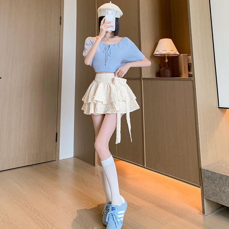 A-Line Ruffle High Waist Bow Mini Skirt Plain