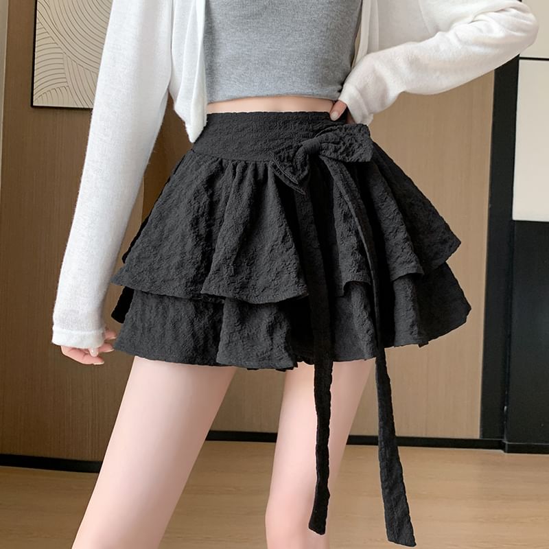 A-Line Ruffle High Waist Bow Mini Skirt Plain