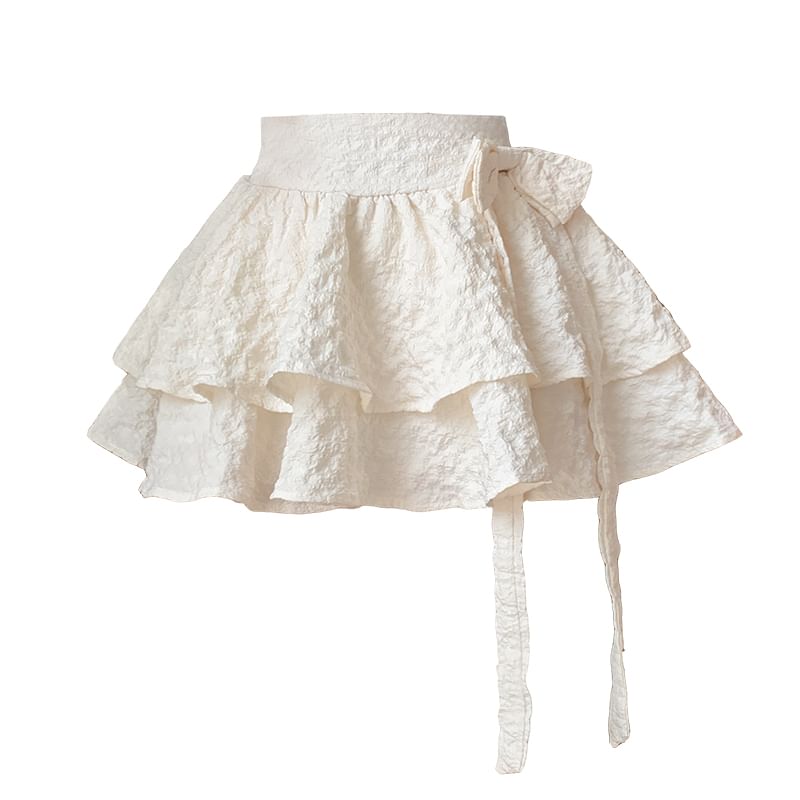 A-Line Ruffle High Waist Bow Mini Skirt Plain