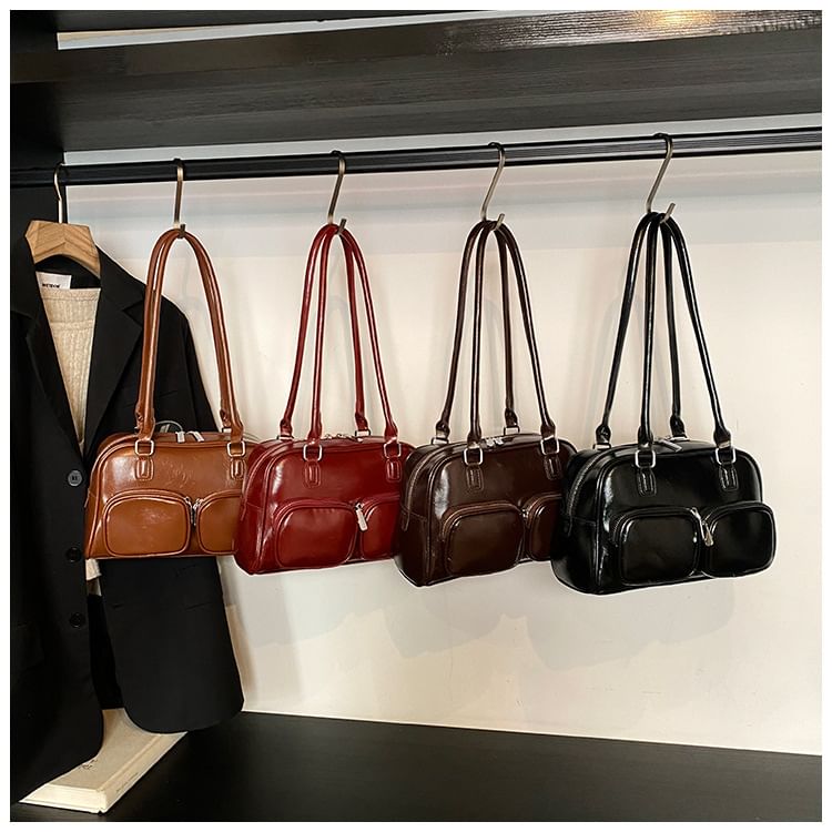 Leather Plain Bowler Bag Faux