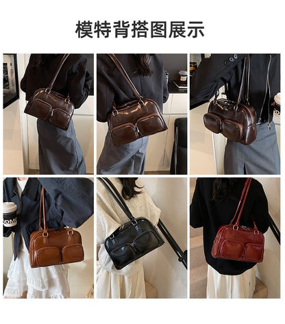 Leather Plain Bowler Bag Faux