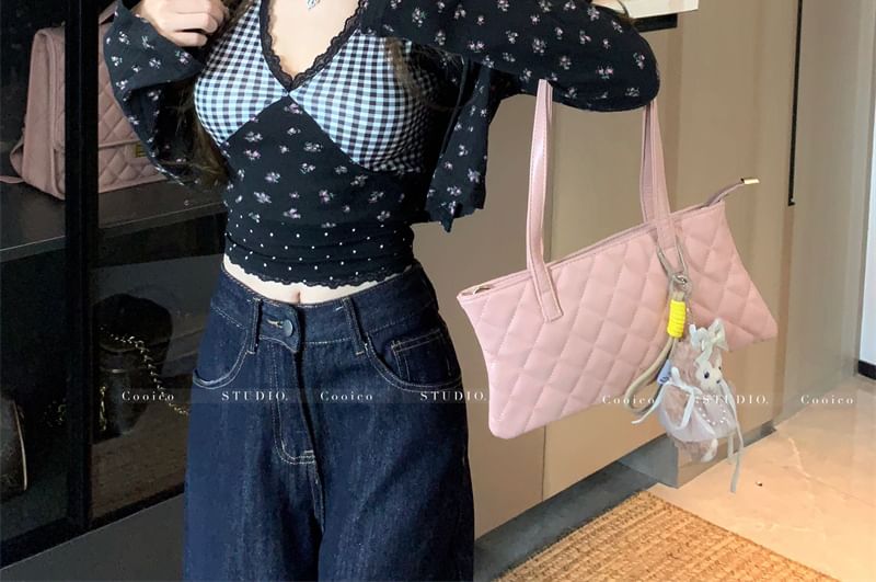 Dress / Floral Print Mini Panel Top Plaid Cardigan Crop Cami