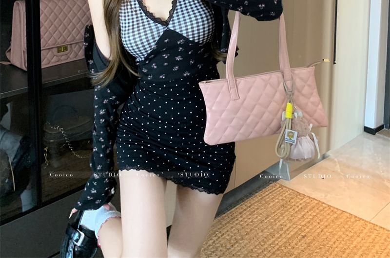 Dress / Floral Print Mini Panel Top Plaid Cardigan Crop Cami