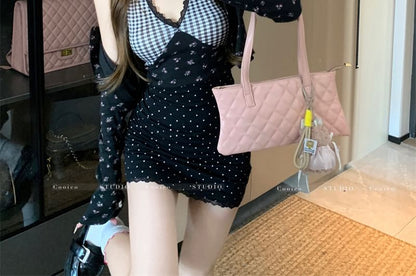 Dress / Floral Print Mini Panel Top Plaid Cardigan Crop Cami