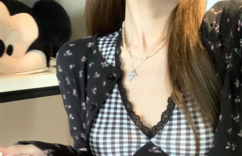 Dress / Floral Print Mini Panel Top Plaid Cardigan Crop Cami