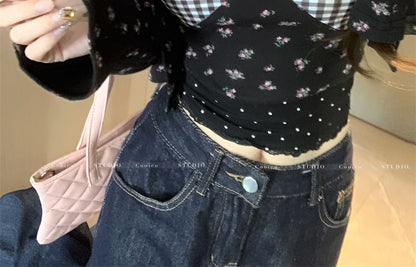 Dress / Floral Print Mini Panel Top Plaid Cardigan Crop Cami