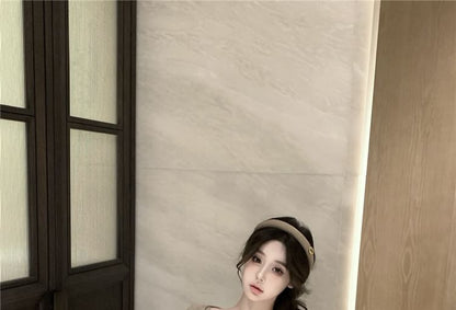 / Elbow-Sleeve Sheath Mini Dress Camisole Plain Top