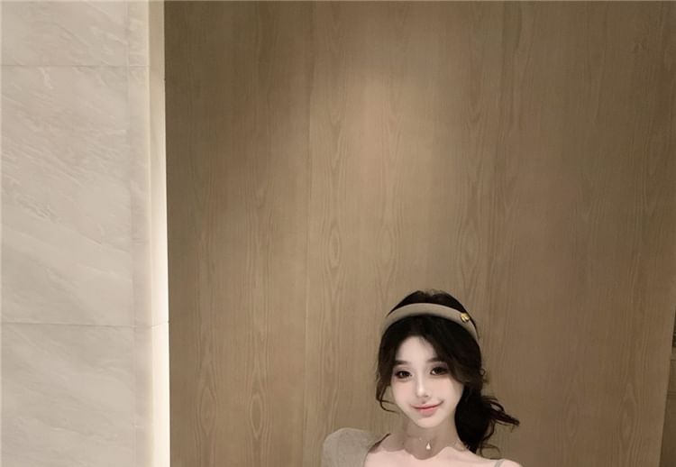 / Elbow-Sleeve Sheath Mini Dress Camisole Plain Top