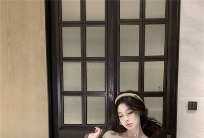 / Elbow-Sleeve Sheath Mini Dress Camisole Plain Top