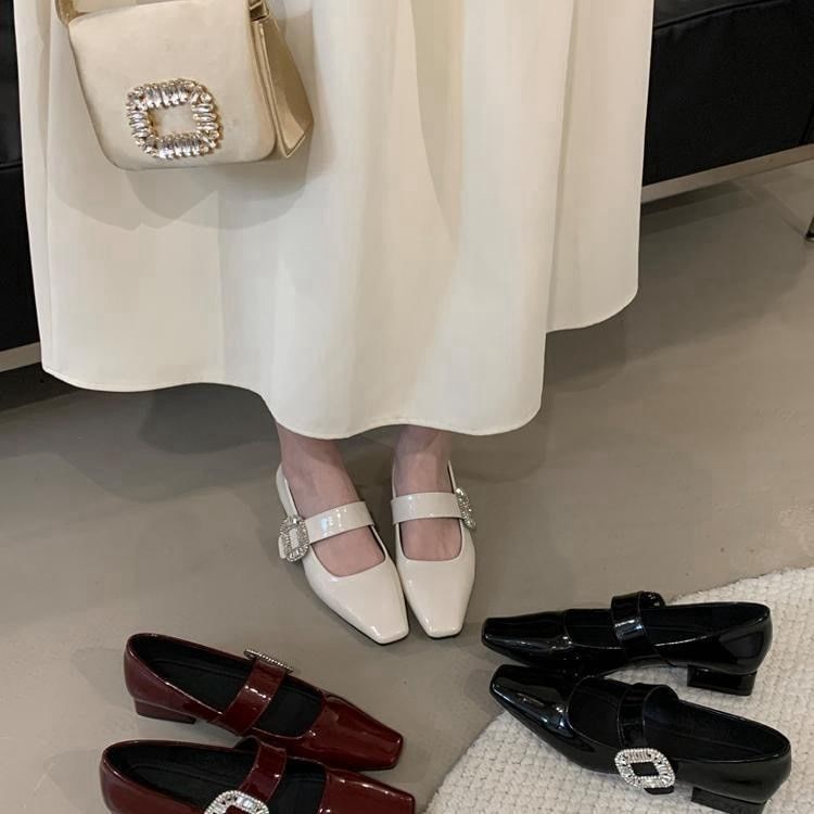 Mary Rhinestone Low Jane Buckle Pumps Heel