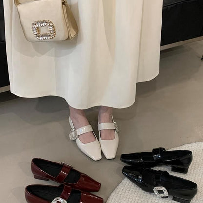 Mary Rhinestone Low Jane Buckle Pumps Heel