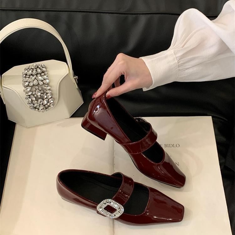 Mary Rhinestone Low Jane Buckle Pumps Heel