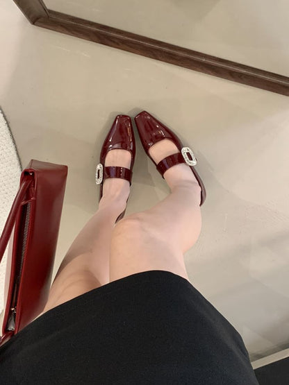 Mary Rhinestone Low Jane Buckle Pumps Heel