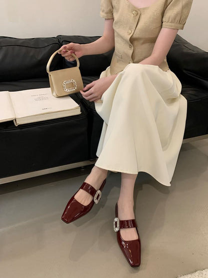 Mary Rhinestone Low Jane Buckle Pumps Heel